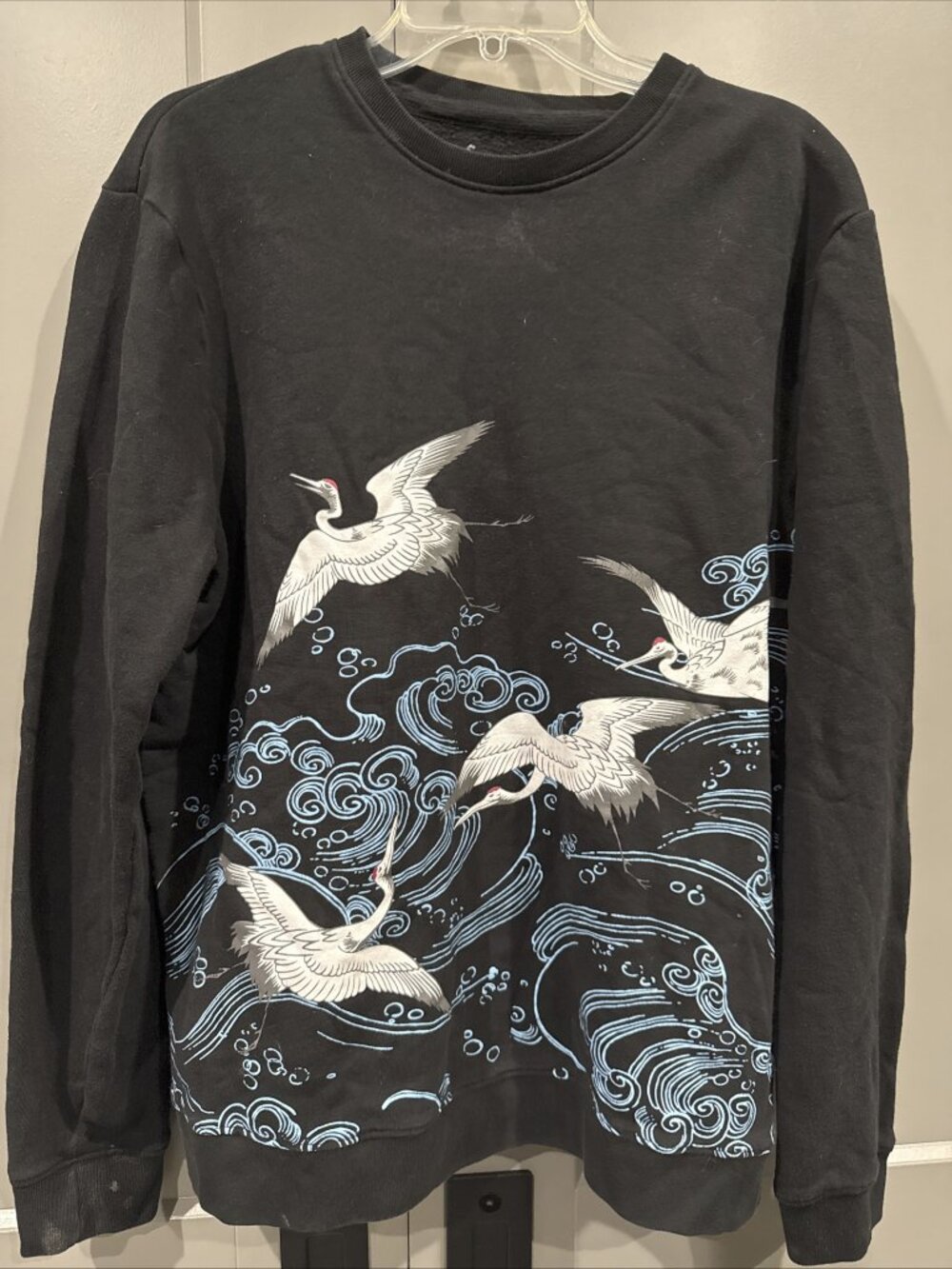 Blind Rooster Sweatshirt Black Japanese Cranes Dream Fleece WOMENS SIZE Large